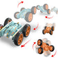 Light-blue 4WD stunt car with orange wheels shown during swing-arm flip stunts