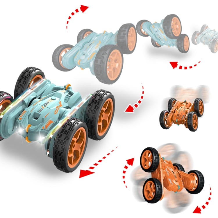 Light-blue 4WD stunt car with orange wheels shown during swing-arm flip stunts