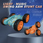 4WD remote control swing-arm stunt car with orange wheels on a light-blue body