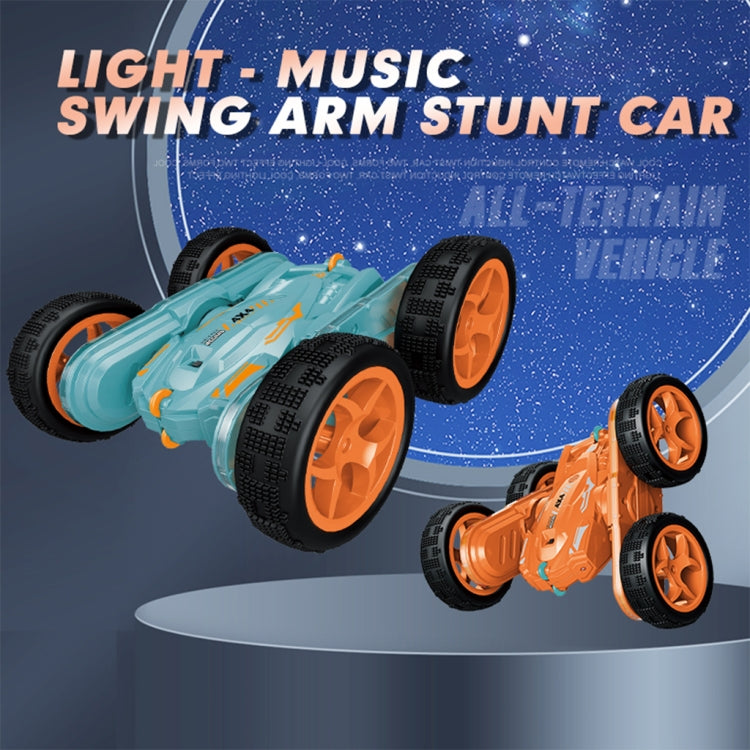 4WD remote control swing-arm stunt car with orange wheels on a light-blue body
