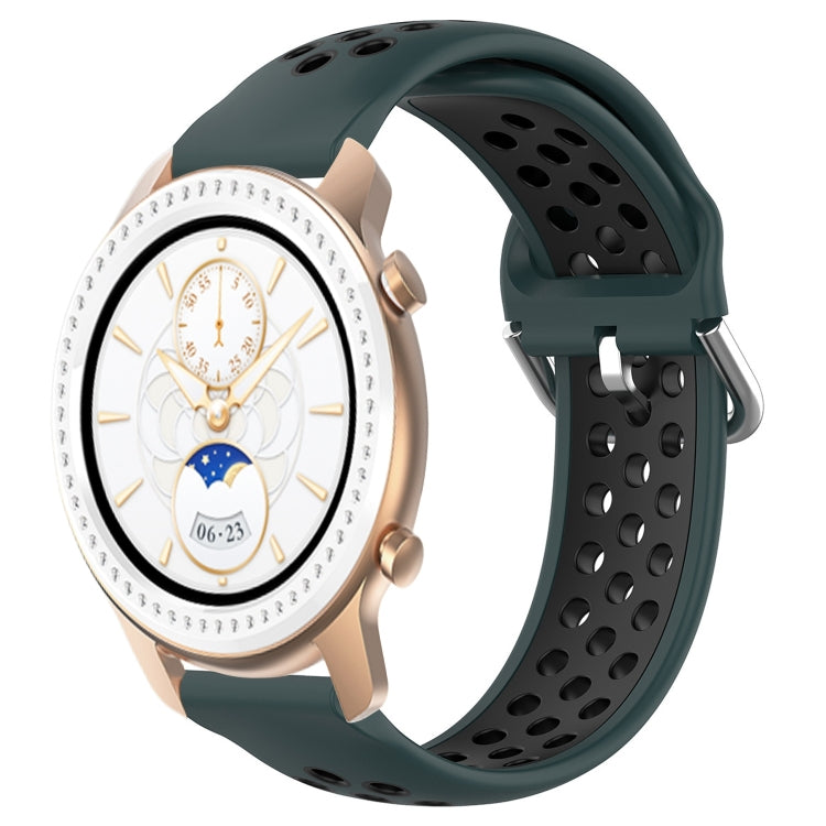 Dark green perforated silicone watch band with matching inner panel and metal buckle