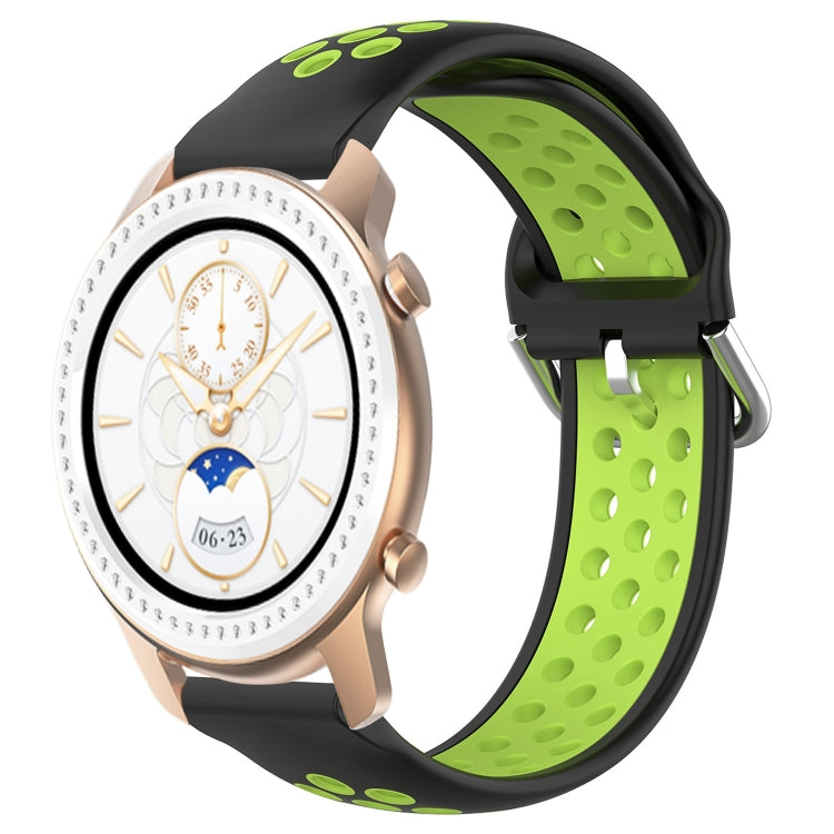 Perforated sports silicone watch band, black with lime green underside, quick-snap clasp