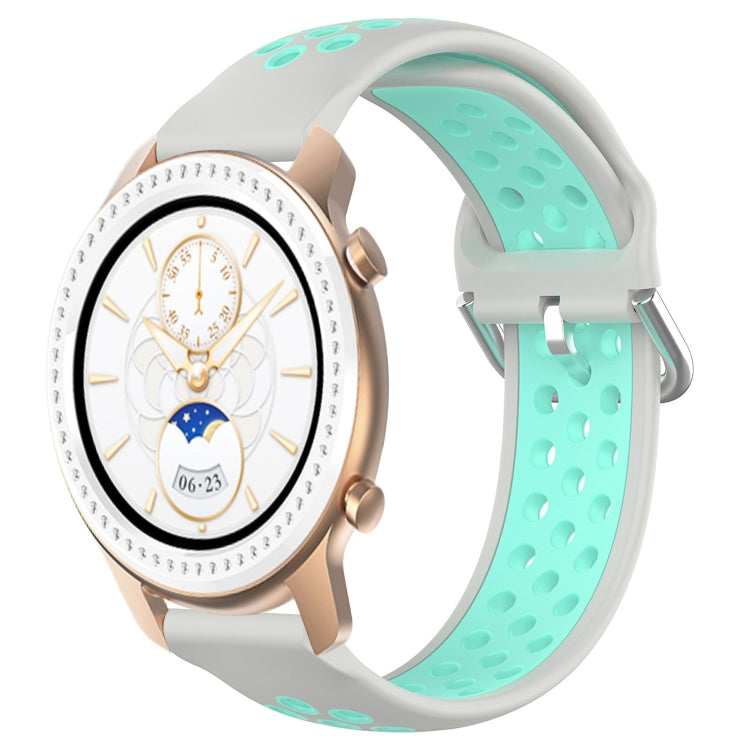 Perforated silicone sports watch band, gray outer with mint green breathable holes
