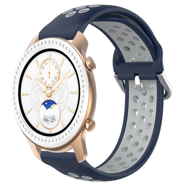 Perforated sports silicone watch band, navy blue with light gray underside, quick-snap clasp