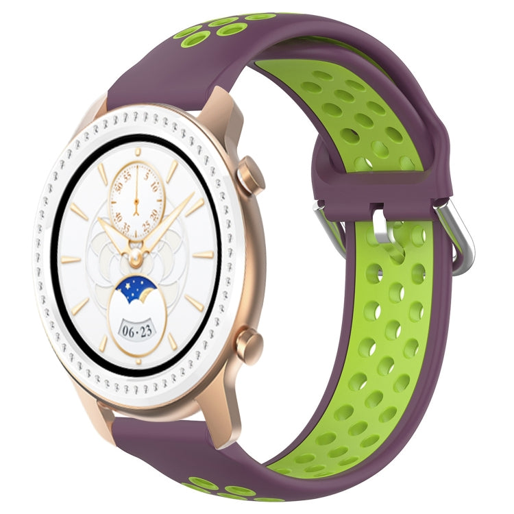 Perforated sports silicone watch band, purple with lime green underside, quick-snap clasp