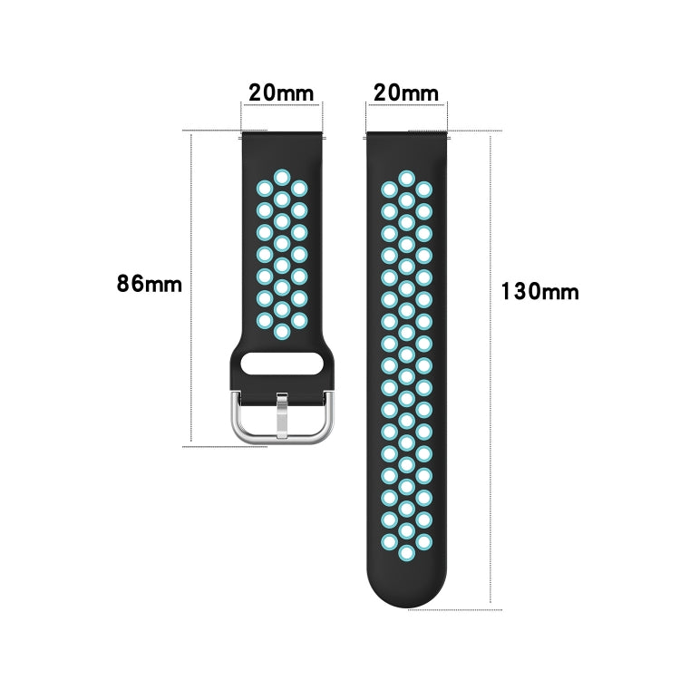 Perforated silicone watch band size diagram: 20mm wide, 86mm to 130mm length