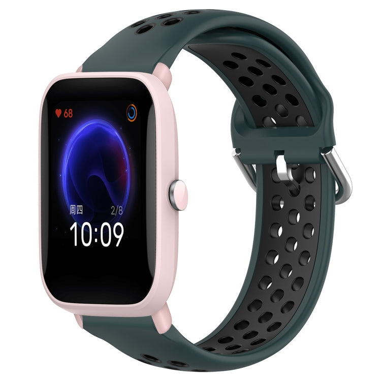 Perforated sports silicone watch band, dark green with gray underside, quick-snap clasp