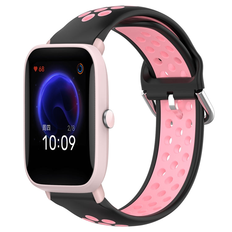 Perforated silicone sports watch band, black with pink holes and pink buckle strap