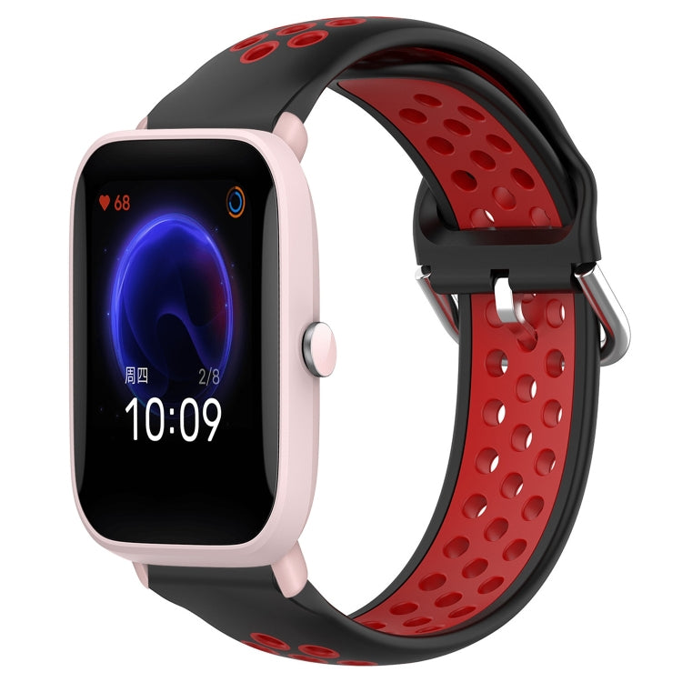 Perforated silicone sports watch band, black with red holes and red buckle strap