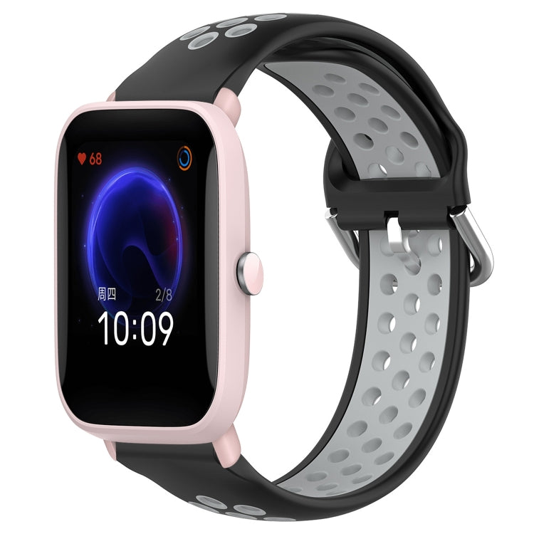 Perforated silicone sports watch band, black with light gray holes and gray buckle strap