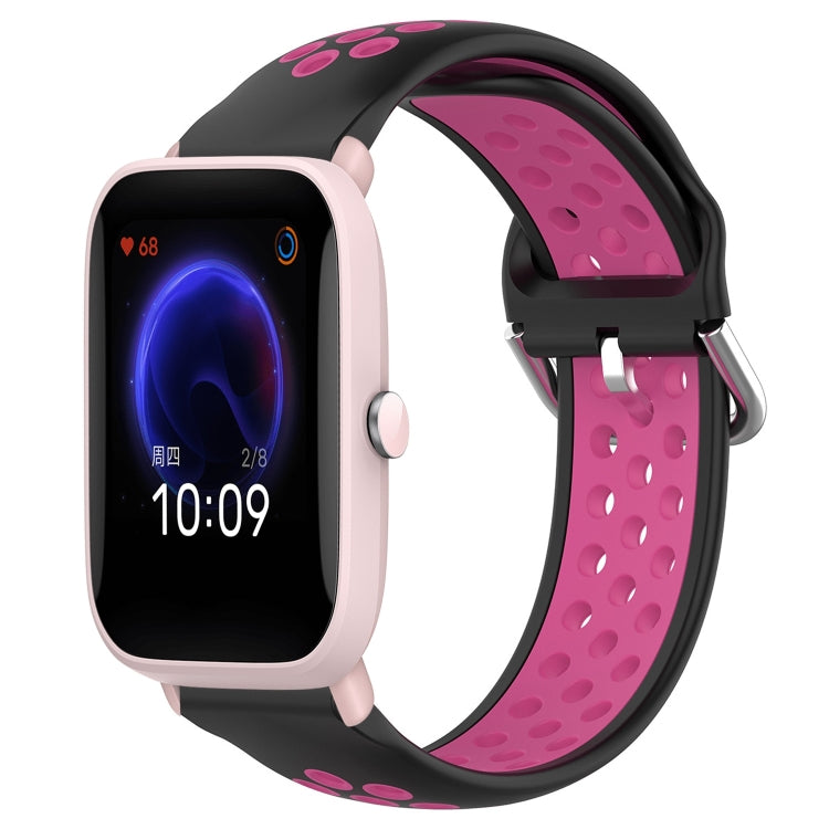 Perforated silicone sports watch band, black with hot pink holes and pink buckle strap