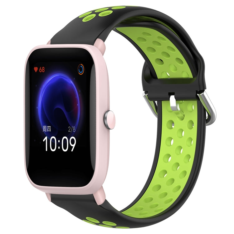 Perforated silicone sports watch band, black with lime green holes and green buckle strap