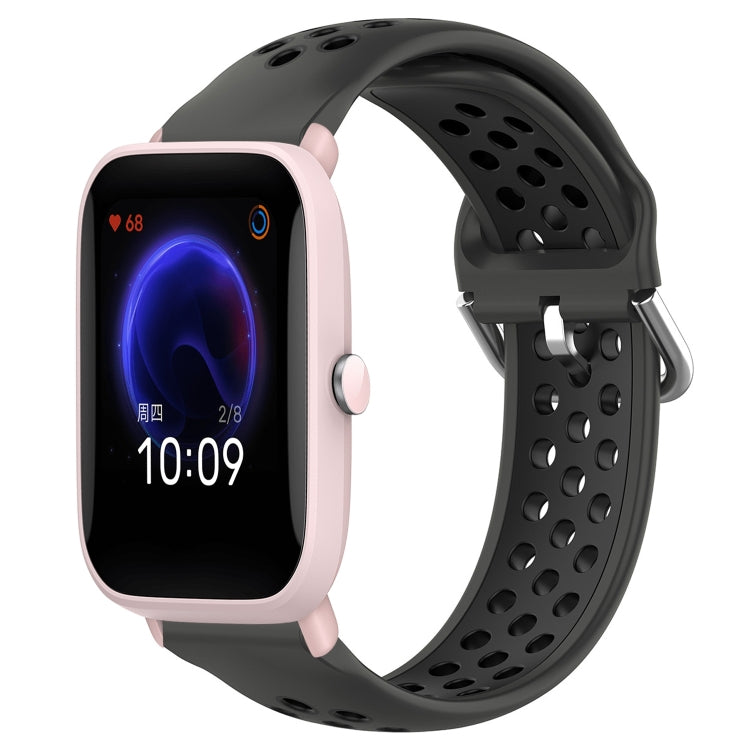 Perforated silicone sports watch band, dark gray with black holes and black buckle strap