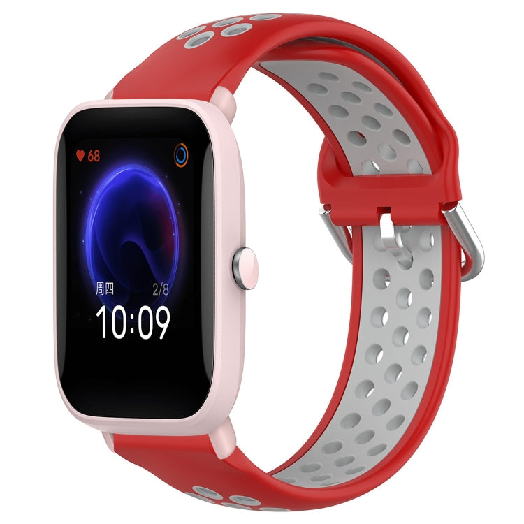 Perforated silicone sports watch band, black with red holes and red buckle strap