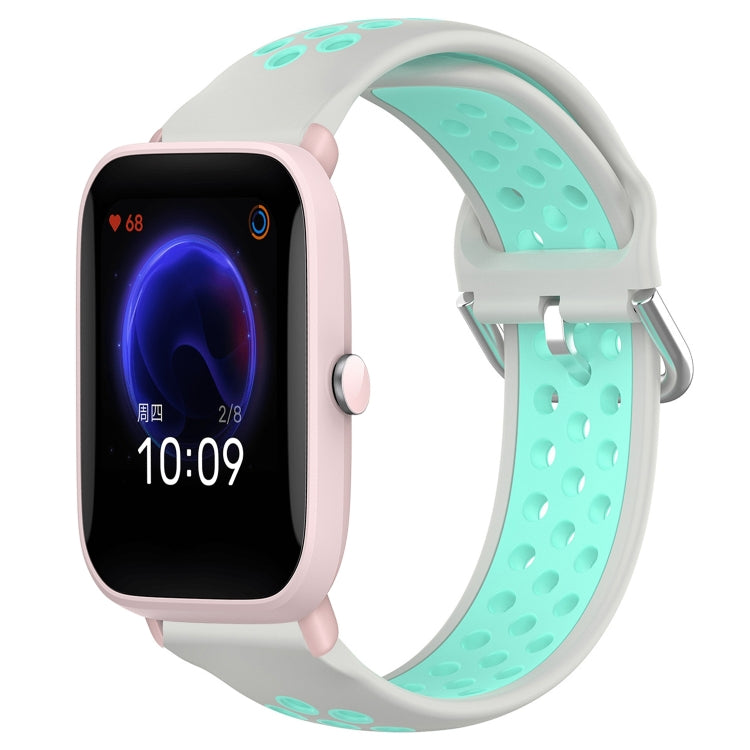 Perforated silicone sports watch band, gray and mint green with secure clasp
