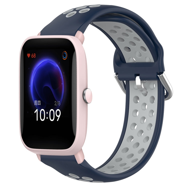 Perforated silicone sports watch band, dark blue with gray holes and gray buckle strap