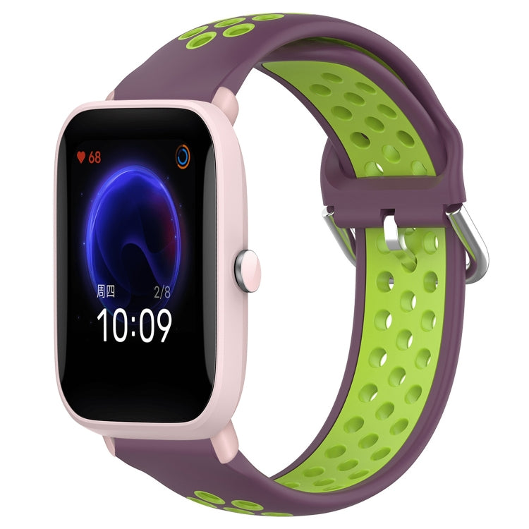 Perforated silicone sports watch band, purple with lime green holes and green buckle strap