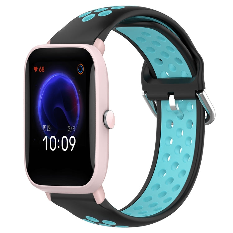 Perforated silicone sports watch band, black with light blue holes and blue buckle strap