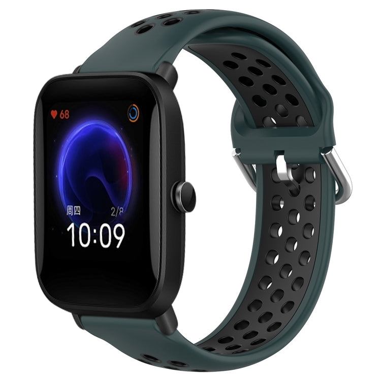 Perforated silicone sports watch band, dark green strap with breathable oval holes