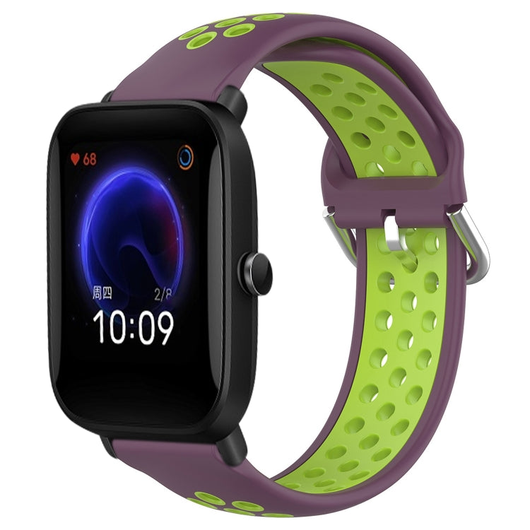 Perforated breathable silicone watch band with purple and lime-green strap, black watch