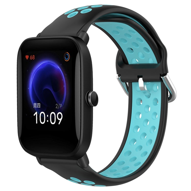 Perforated breathable silicone watch band with black and cyan strap, black watch