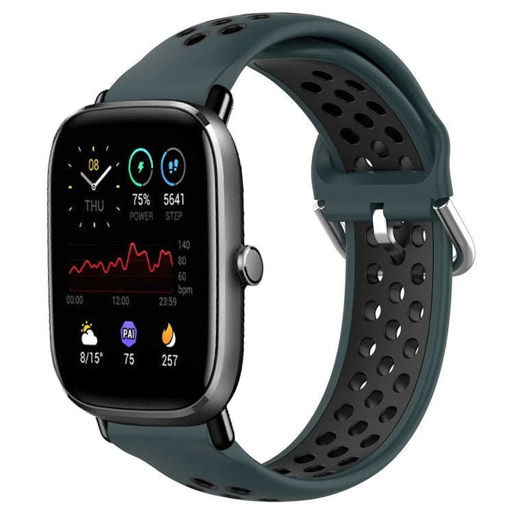 Perforated breathable silicone watch band with dark teal strap and black perforations, smartwatch