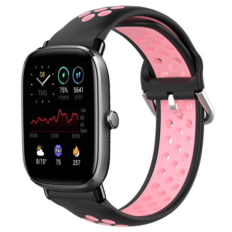 Perforated breathable silicone watch band with black and pink strap, black smartwatch