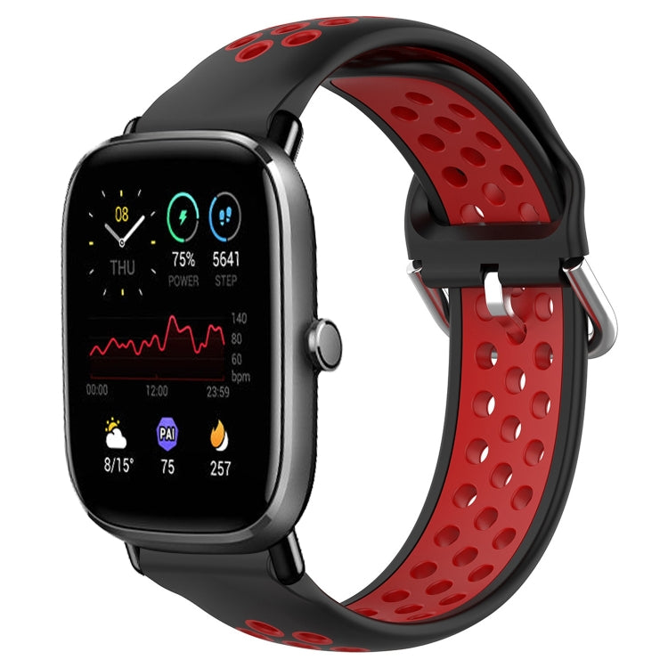 Perforated breathable silicone watch band with black and red strap, black smartwatch