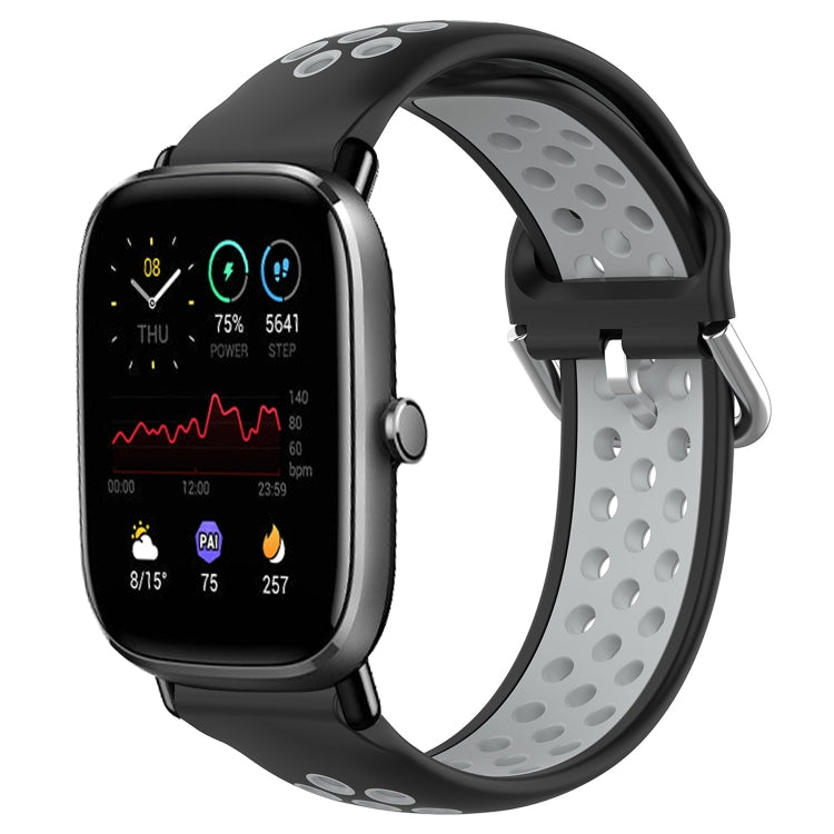 Silicone sports watch band with perforations, black with grey inner strap and clasp