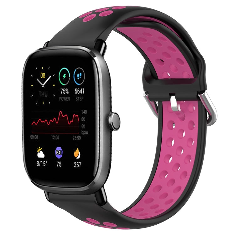 Silicone sports watch band with perforations, black and pink inner strap with clasp