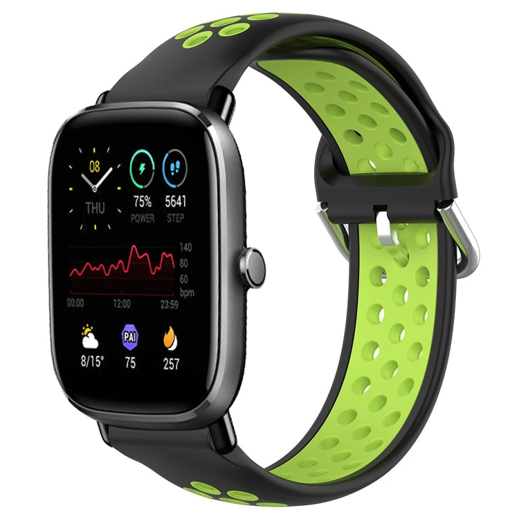 Silicone sports watch band with perforations, black with green inner strap and clasp