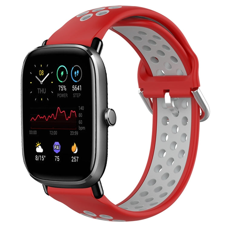 Silicone sports watch band with perforations, red with grey inner strap and clasp