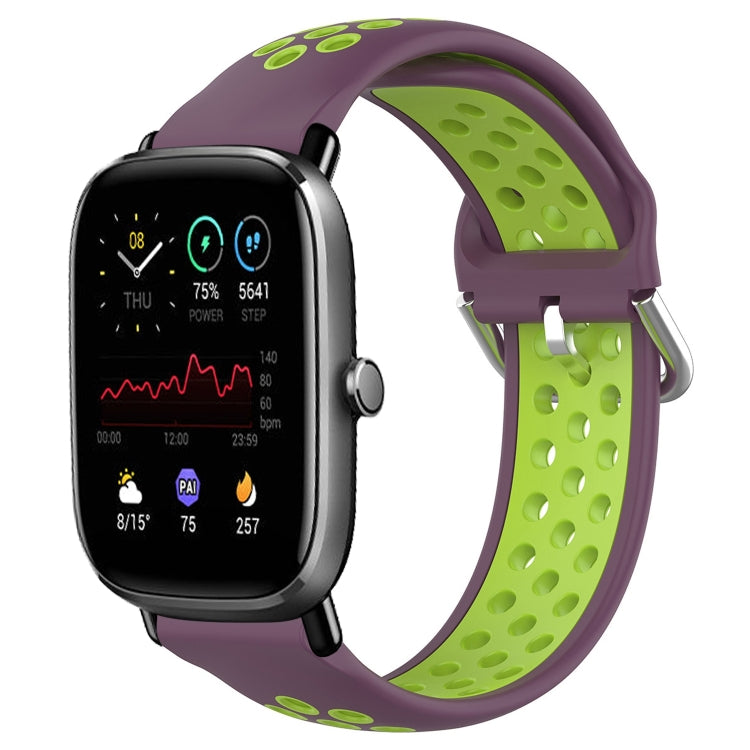 Silicone sports watch band with perforations, purple with green inner strap and clasp