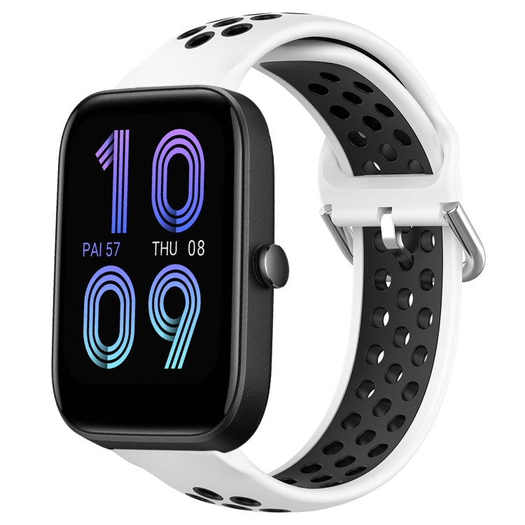 Silicone sports watch band with perforations, white with black inner band and clasp