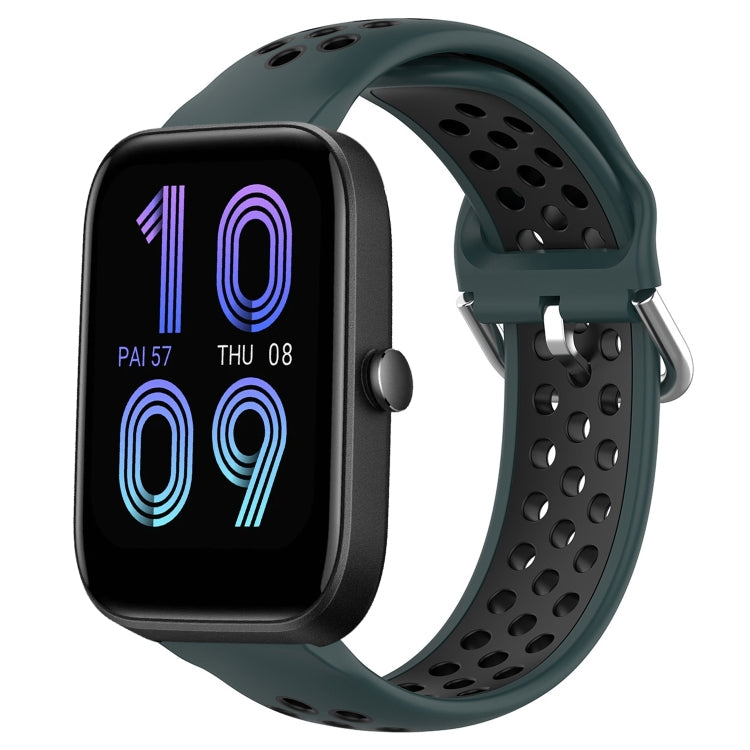 Dark green perforated silicone sports watch band with black strap underside and metal buckle.