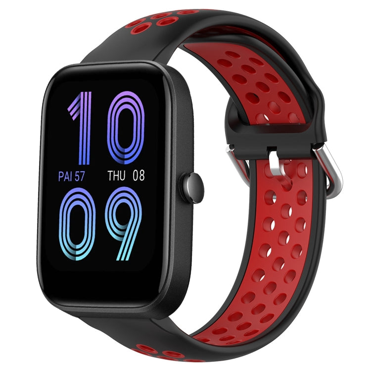 Black perforated silicone sports watch band with red strap underside and metal buckle.