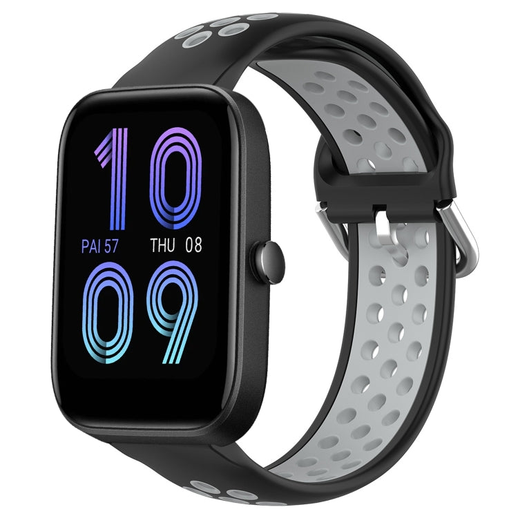 Black perforated silicone sports watch band with gray strap underside and metal buckle.