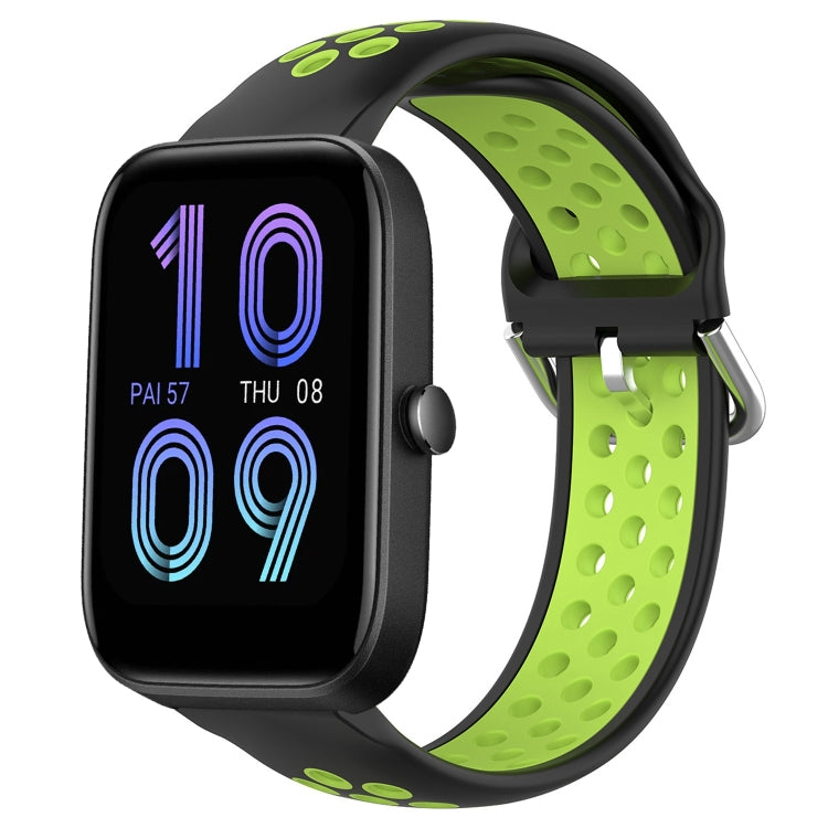 Perforated silicone sports watch band, black strap with neon green breathable holes