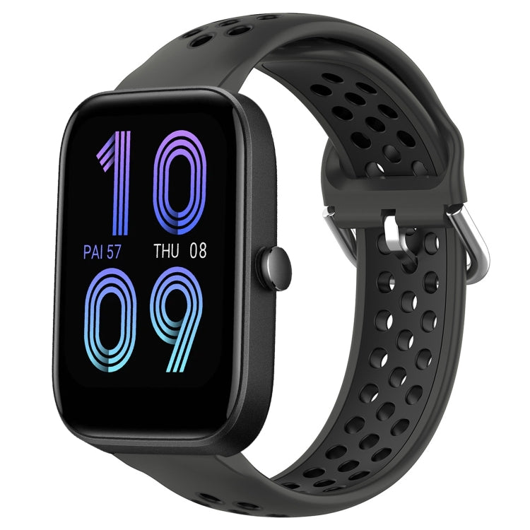 Black perforated silicone sports watch band with dark gray strap underside and metal buckle.