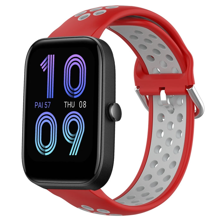 Red perforated silicone sports watch band with gray strap underside and metal buckle.
