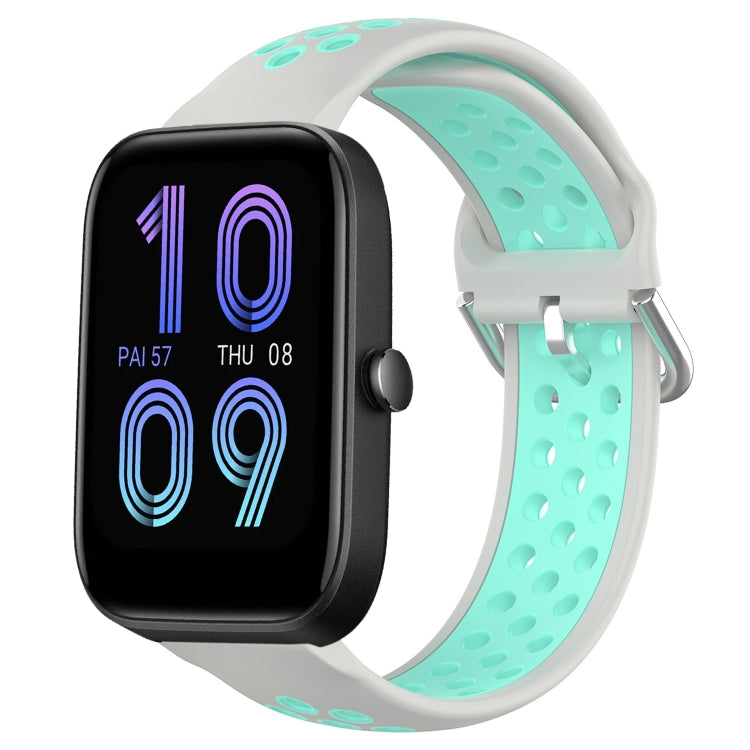 Light gray perforated silicone sports watch band with teal strap underside and metal buckle.