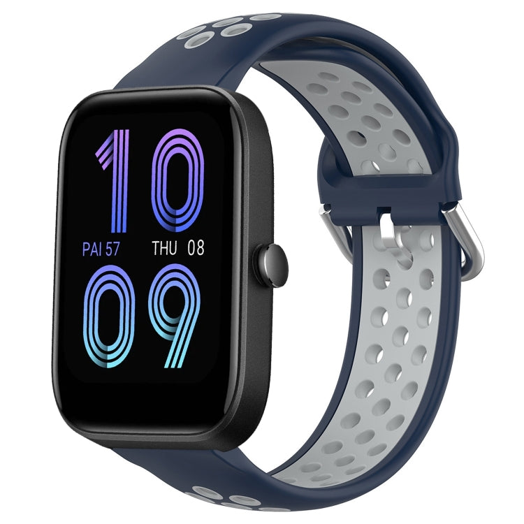 Perforated silicone sports watch band, dark blue strap with light gray breathable holes