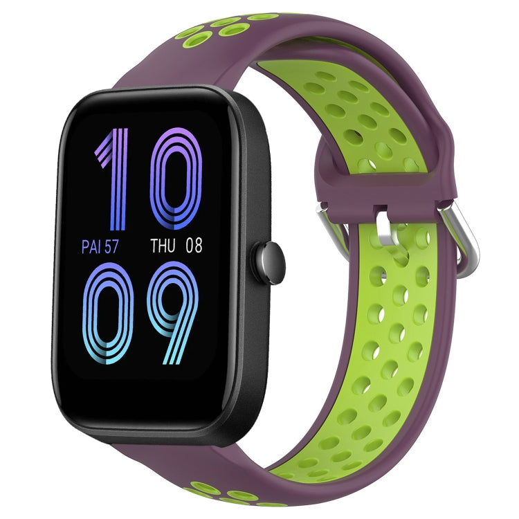 Perforated breathable silicone watch band, purple with lime green holes and metal clasp