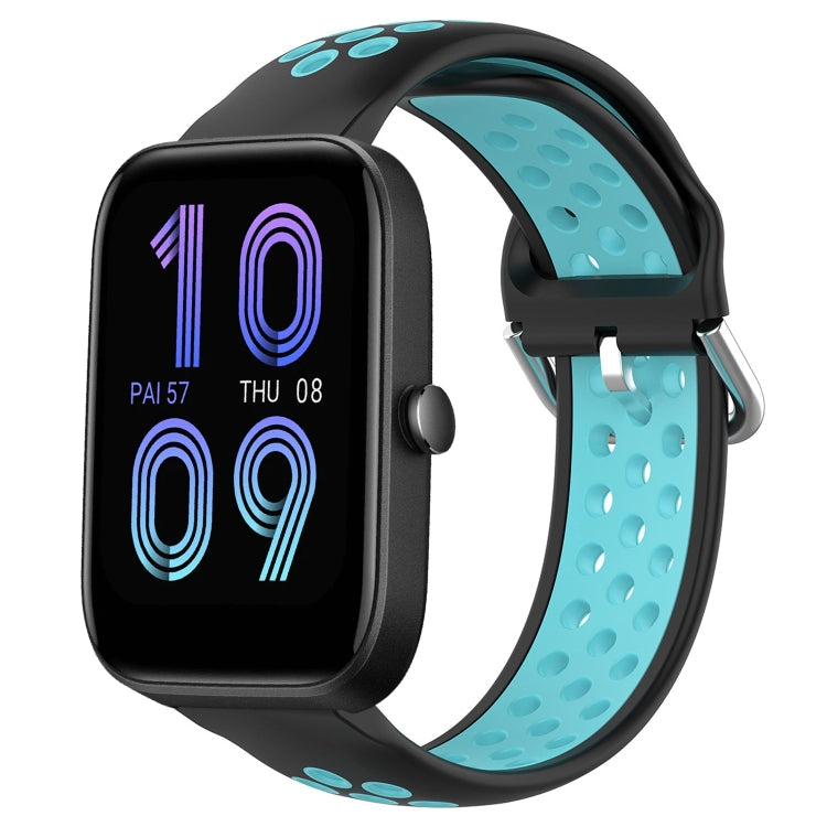 Perforated breathable silicone watch band, black with light blue perforated strap and clasp
