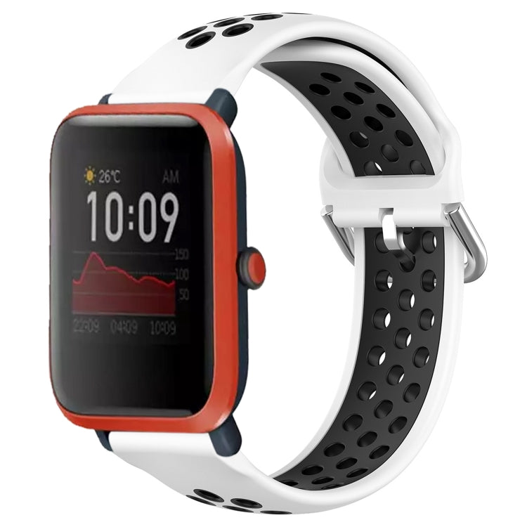 Perforated breathable silicone watch band, white strap with black perforations and metal clasp