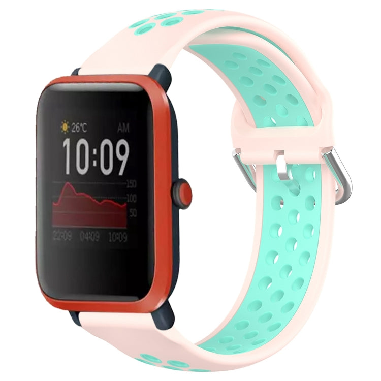 Perforated silicone sports watch band, light pink with mint green breathable holes