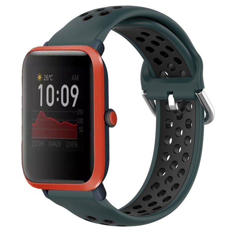 Perforated breathable silicone watch band, dark green strap with orange perforations and clasp