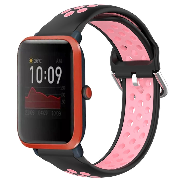Perforated silicone sports watch band, black strap with pink breathable holes