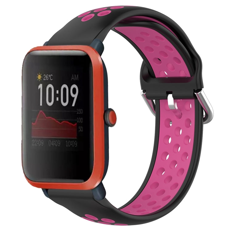 Perforated breathable silicone watch band, black with pink perforated strap and metal clasp