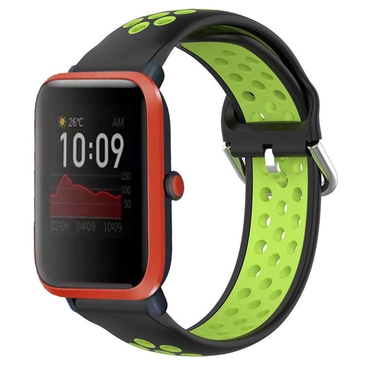 Perforated breathable silicone watch band, lime green perforated strap with black underside